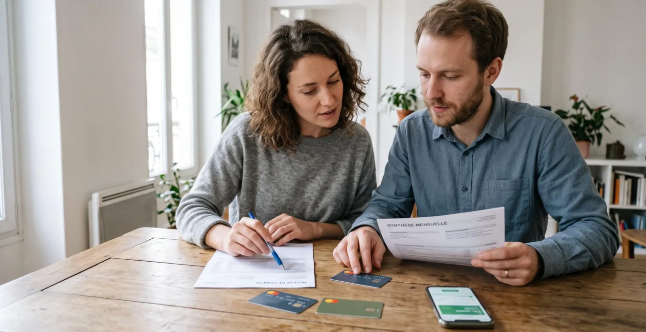 Un couple assis à une table compare des documents bancaires et deux cartes bancaires dans un appartement lumineux.