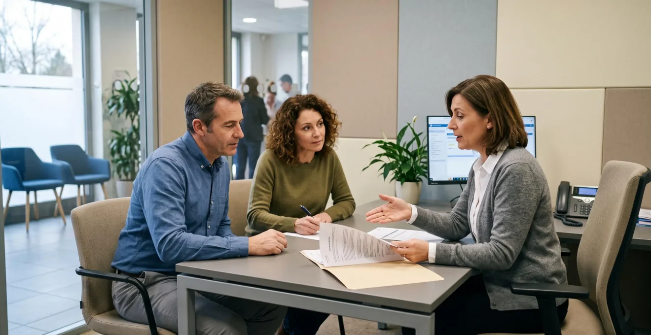 Un couple rencontre un conseiller bancaire à son bureau dans une agence, documents ouverts sur le bureau.