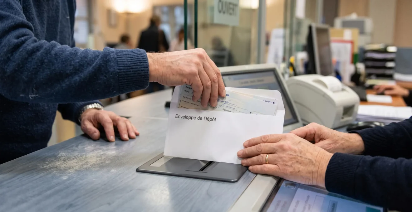 Des mains glissent des chèques dans une enveloppe de dépôt au guichet d'une agence bancaire, écran de la machine flouté.